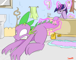 Size: 1280x1024 | Tagged: safe, artist:swomswom, character:spike, character:twilight sparkle, species:dragon, species:pony, species:unicorn, bath, bathtub, claw foot bathtub, claw marks, do not want, female, forced bathing, magic, male, mare, rubber duck, tail pull