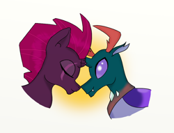 Size: 850x650 | Tagged: safe, artist:eulicious, character:pharynx, character:prince pharynx, character:tempest shadow, species:changeling, species:pony, species:reformed changeling, species:unicorn, broken horn, crack shipping, eye scar, eyes closed, fangs, horn, interspecies, scar, shipping, simple background, tempynx