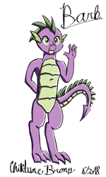 Size: 2251x3751 | Tagged: safe, artist:chiptunebrony, character:barb, character:spike, barbabetes, cute, date, name, rule 63, rule63betes, semi-anthro, signature, smiling, waving