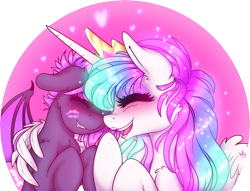 Size: 2503x1910 | Tagged: safe, artist:aaa-its-spook, character:princess celestia, oc, oc:spook, species:alicorn, species:demon pony, species:pony, blushing, canon x oc, crown, eyeshadow, fangs, female, giggling, glowing mane, horn, hug, jewelry, lesbian, lipstick, makeup, regalia, shipping, simple background, size difference, smiling, transparent background, winghug, wings