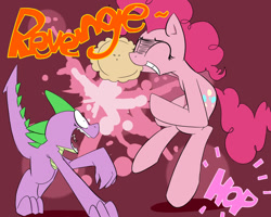 Size: 1280x1024 | Tagged: safe, artist:swomswom, character:pinkie pie, character:spike, species:dragon, species:earth pony, species:pony, abstract background, duo, female, fight, food, male, mare, pie
