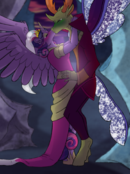Size: 2048x2732 | Tagged: safe, artist:percy-mcmurphy, character:thorax, character:twilight sparkle, character:twilight sparkle (alicorn), species:alicorn, species:anthro, species:changeling, species:pony, species:reformed changeling, species:unguligrade anthro, ship:twirax, antlers, blushing, clothing, coronation dress, dress, eyes closed, female, high res, interspecies, kissing, male, pants, shipping, straight, wedding dress