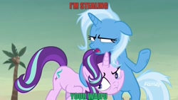 Size: 1536x864 | Tagged: safe, artist:ponylover88, edit, edited screencap, screencap, character:starlight glimmer, character:trixie, species:pony, species:unicorn, ship:startrix, episode:on the road to friendship, female, hugs needed, image macro, lesbian, mare, meme, messy mane, shipping, trixie yells at everything, waifu, waifu thief