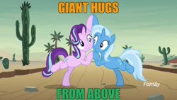 Size: 1536x864 | Tagged: safe, artist:ponylover88, edit, edited screencap, screencap, character:starlight glimmer, character:trixie, species:pony, species:unicorn, ship:startrix, episode:on the road to friendship, cheering, desert, discovery family logo, female, hugs needed, image macro, lesbian, mare, meme, palm tree, saguaro cactus, shipping, tree, waifu, waifu thief