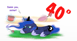 Size: 1600x860 | Tagged: safe, artist:eulicious, character:princess luna, complaining, fan, food, ice cream, sweat, text