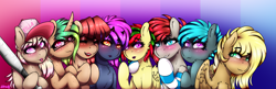 Size: 4693x1519 | Tagged: safe, artist:aaa-its-spook, oc, oc:attraction, oc:cam, oc:dicey, oc:dust bunny, oc:hooters, oc:ponepony, oc:scarlet topaz, oc:spook, species:bat pony, species:demon pony, species:earth pony, species:pegasus, species:pony, species:unicorn, pony town, accessories, baseball bat, bat pony oc, blushing, clothing, eyes closed, eyeshadow, fangs, female, freckles, gift art, glasses, glowing eyes, group photo, hat, horn, horns, lipstick, looking at you, makeup, male, simple background, socks, striped socks, trap, wings