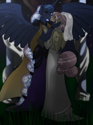 Size: 2048x2732 | Tagged: safe, artist:percy-mcmurphy, character:fluttershy, character:princess luna, species:anthro, ship:lunashy, clothing, dress, eyes closed, female, kissing, lesbian, marriage, night, passionate, shipping, stars, wedding, wedding dress