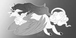 Size: 2000x1000 | Tagged: safe, artist:curiouskeys, oc, oc only, oc:bedlam, parent:discord, parent:princess luna, parents:lunacord, species:draconequus, commission, draconequus oc, ethereal mane, galaxy mane, grayscale, hybrid, interspecies offspring, monochrome, next generation, offspring, solo, watermark