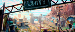 Size: 2000x865 | Tagged: safe, artist:nemo2d, fallout equestria, background, bar, building, environment art, fallout equestria: red 36, fanfic art, no pony, post-apocalyptic, power line, radiation, radiation sign, scenery, sign, store, symbol, town