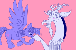 Size: 1280x853 | Tagged: safe, artist:discolight-diary, artist:turkleson, character:discord, character:twilight sparkle, character:twilight sparkle (alicorn), species:alicorn, species:draconequus, species:pony, ship:discolight, blushing, female, kissing, male, role reversal, shipping, straight