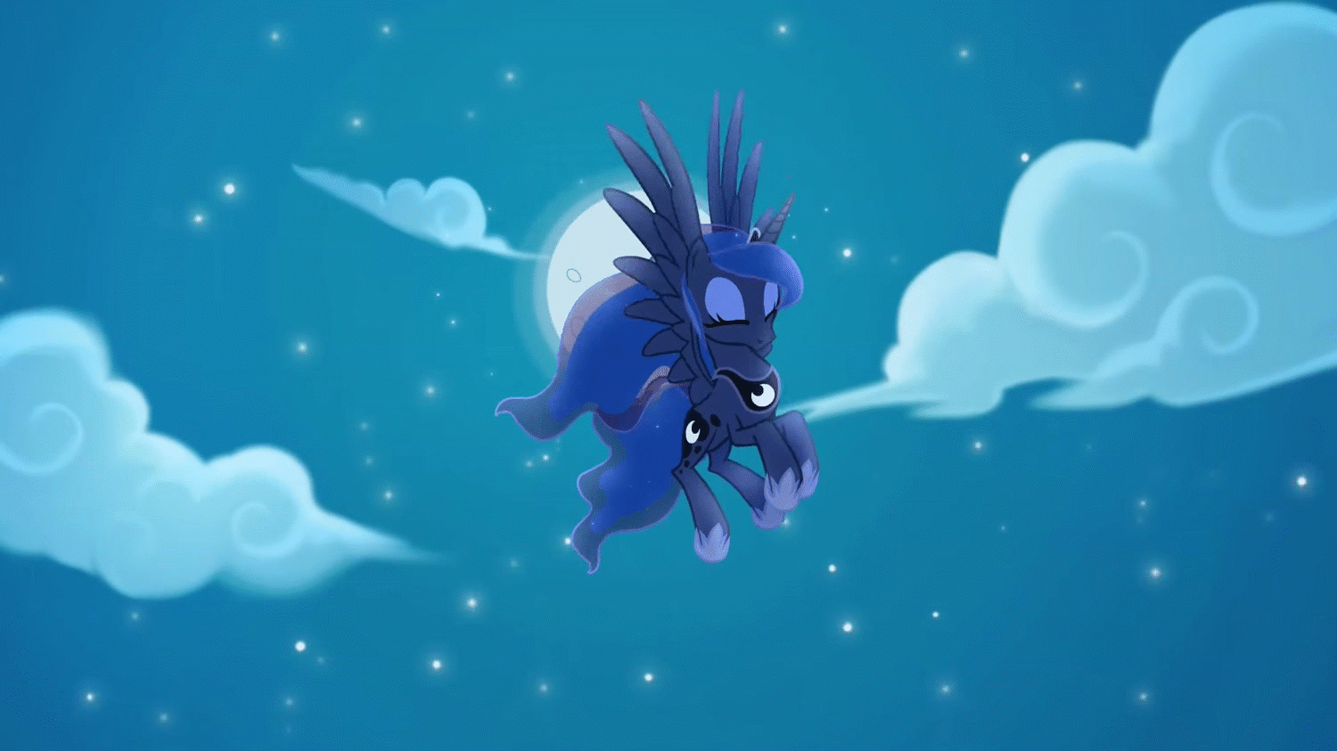 Size: 1500x843 | Tagged: dead source, safe, artist:anima-dos, artist:duo cartoonist, artist:lionheartcartoon, character:princess luna, species:alicorn, species:pony, animated, beautiful, children of the night, cute, eyes closed, female, flapping, flying, gif, mare, moon, night, solo, youtube link