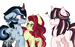 Size: 1280x802 | Tagged: safe, artist:owl-clockwork, base used, oc, oc only, oc:northern star, parent:cherry jubilee, parent:flam, parent:flash sentry, parent:king sombra, parent:trixie, parent:twilight sparkle, parents:cherryflam, parents:flashlight, parents:trixbra, species:earth pony, species:pony, species:unicorn, coat markings, colored sclera, crack ship offspring, curved horn, female, floating heart, floppy ears, gay, heart, horn, male, mare, oc x oc, offspring, offspring shipping, raised hoof, shipping, simple background, stallion, transparent background