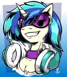 Size: 1054x1215 | Tagged: safe, artist:duragan, character:dj pon-3, character:vinyl scratch, species:anthro, breasts, cleavage, female, headphones, jewelry, necklace, solo, sunglasses