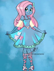 Size: 821x1080 | Tagged: safe, artist:antych, character:fluttershy, g4, my little pony: equestria girls, my little pony:equestria girls, blue background, female, pretty, solo