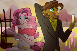 Size: 1800x1200 | Tagged: safe, artist:percy-mcmurphy, character:cheese sandwich, character:pinkie pie, species:anthro, ship:cheesepie, cider, clothing, dress, female, glass, lidded eyes, male, open mouth, shipping, straight, wavy mouth