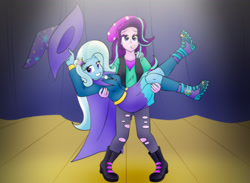 Size: 3930x2880 | Tagged: safe, artist:poseidonathenea, character:starlight glimmer, character:trixie, ship:startrix, equestria girls:mirror magic, g4, my little pony: equestria girls, my little pony:equestria girls, spoiler:eqg specials, beanie, bridal carry, cape, carrying, clothing, female, hat, smiling, spotlight, stage, trixie's cape, trixie's hat