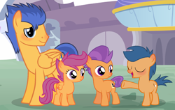Size: 1454x920 | Tagged: safe, artist:leanne264, character:first base, character:flash sentry, character:scootaloo, character:tender taps, species:pegasus, species:pony, headcanon, orange bros, orange siblings, siblings