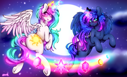 Size: 6381x3888 | Tagged: safe, artist:aaa-its-spook, character:princess celestia, character:princess luna, species:alicorn, species:pony, absurd resolution, blushing, cloud, cloudy, crown, elements of harmony, eyeshadow, female, flying, glowing cutie mark, glowing horn, glowing mane, horn, jewelry, lipstick, looking at you, magic, makeup, moon, night, rainbow, regalia, sparkly mane, stars, sunbutt, underhoof, wings