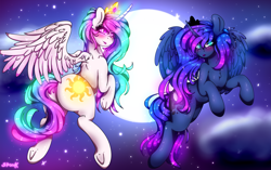 Size: 3103x1944 | Tagged: safe, alternate version, artist:aaa-its-spook, character:princess celestia, character:princess luna, species:alicorn, species:pony, blushing, cloud, cloudy, eyeshadow, female, flying, glowing cutie mark, glowing eyes, glowing mane, horn, lipstick, looking at you, makeup, moon, night, sparkly mane, stars, sunbutt, underhoof, wings
