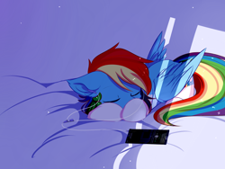 Size: 2000x1500 | Tagged: safe, artist:heddopen, character:rainbow dash, species:pegasus, species:pony, cellphone, clothing, cute, dashabetes, dawwww, ear fluff, earbuds, eyes closed, featured on derpibooru, female, floppy ears, heddopen is trying to murder us, hnnng, mare, phone, precious, prone, sleeping, smartphone, socks, solo, sweet dreams fuel, weapons-grade cute, wings