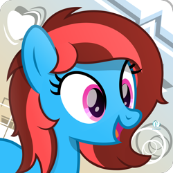 Size: 3208x3208 | Tagged: safe, artist:potato22, oc, oc only, oc:lucid heart, species:pony, abstract background, bust, female, mare, open mouth, smiling, solo