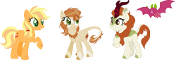 Size: 1227x424 | Tagged: safe, artist:thepegasisterpony, character:applejack, character:autumn blaze, oc, oc:osage orange, oc:tutti frutti, parent:applejack, parent:autumn blaze, parents:autumnjack, species:kirin, ship:autumnjack, episode:sounds of silence, g4, my little pony: friendship is magic, family, female, fruit bat, hybrid, interspecies offspring, kirin hybrid, kirin pony hybrid, lesbian, magical lesbian spawn, mother and daughter, offspring, shipping, simple background, transparent background