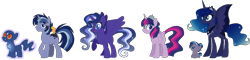 Size: 2297x555 | Tagged: safe, artist:thepegasisterpony, character:princess luna, character:twilight sparkle, character:twilight sparkle (alicorn), parent:princess luna, parent:twilight sparkle, parents:twiluna, species:alicorn, species:pony, ship:twiluna, family, female, lesbian, magical lesbian spawn, offspring, shipping, simple background, transparent background