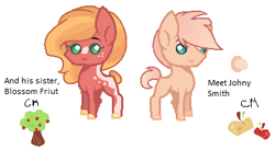 Size: 388x212 | Tagged: safe, artist:owl-clockwork, oc, oc:blossom fruit, oc:johnny smith, parent:big macintosh, parent:fluttershy, parents:fluttermac, species:pony, blaze (coat marking), brother and sister, button eyes, colored hooves, duo, female, freckles, male, mare, offspring, simple background, stallion, white background