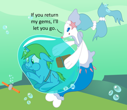 Size: 3000x2600 | Tagged: safe, artist:bladedragoon7575, oc, oc only, oc:balance blade, bondage, bubble, crossover, encasement, holding breath, in bubble, pokémon, primarina, rebreather, story included, trapped, treasure chest, underwater