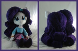 Size: 2208x1451 | Tagged: safe, artist:whiteheather, character:rarity, my little pony:equestria girls, boots, clothing, female, irl, photo, plushie, shirt, shoes, sitting, solo