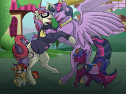 Size: 2732x2048 | Tagged: safe, artist:percy-mcmurphy, character:moondancer, character:twilight sparkle, character:twilight sparkle (alicorn), oc, oc:alistair, oc:stardust, parent:moondancer, parent:sunburst, parent:thorax, parent:twilight sparkle, parents:sundancer, parents:twirax, species:alicorn, species:changeling, species:changepony, species:pony, species:reformed changeling, antennae, colored sclera, confused, dancing, fangs, house, hybrid, hybrid wings, interspecies offspring, offspring, old friend