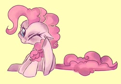 Size: 721x500 | Tagged: safe, artist:coffeechicken, character:pinkie pie, species:earth pony, species:pony, behaving like a dog, ear scratch, female, floppy ears, mare, one eye closed, scratching, simple background, sitting, solo
