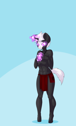 Size: 1500x2500 | Tagged: safe, artist:limebreaker, part of a set, oc, oc:s.leech, species:anthro, species:pony, species:unguligrade anthro, species:unicorn, amulet, clothing, girly, glow, glowing eyes, glowing horn, jewelry, loincloth, male, male to futa, partial nudity, topless, transformation