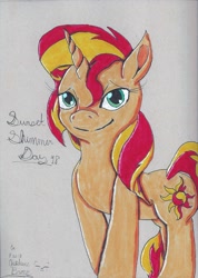 Size: 1700x2394 | Tagged: safe, artist:chiptunebrony, character:sunset shimmer, species:pony, my little pony:equestria girls, 2018, bacon hair, bedroom eyes, cutie mark, female, handwritten text, mare, signature, smiling, sunset shimmer day, traditional art