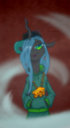 Size: 880x1600 | Tagged: safe, artist:kovoranu, character:queen chrysalis, species:changeling, abstract background, bust, cap, changeling queen, clothing, female, gold chains, hair over one eye, hat, hoodie, lidded eyes, looking at you, smiling, solo