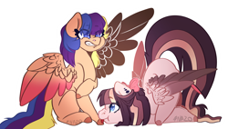 Size: 2475x1407 | Tagged: safe, artist:owl-clockwork, oc, oc only, oc:rose star, oc:tessa, parent:flash sentry, parent:twilight sparkle, parents:flashlight, species:pegasus, species:pony, bow, female, hair bow, hoof licking, interdimensional siblings, licking, mare, offspring, signature, simple background, sisters, transparent background, watermark