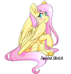 Size: 1024x1063 | Tagged: safe, artist:twisted-sketch, character:fluttershy, species:pegasus, species:pony, blushing, cute, female, looking at you, looking sideways, mare, obtrusive watermark, raised hoof, shyabetes, simple background, sitting, smiling, solo, three quarter view, underhoof, watermark, white background, wings