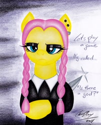 Size: 1854x2311 | Tagged: safe, artist:thechrispony, character:fluttershy, braided pigtails, clothing, crossover, female, fluttergoth, goth, knife, piercing, solo, the addams family, traditional art, wednesday addams