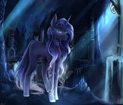 Size: 3500x3000 | Tagged: safe, artist:alicesmitt31, oc, oc only, oc:mystic shadow, species:pony, species:unicorn, ancient ruins, blank flank, carving, commission, crepuscular rays, female, frown, horn, looking at you, magic, magic aura, mare, mural, ruins, solo, symbol, water, waterfall
