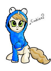 Size: 731x1027 | Tagged: safe, artist:tunrae, character:sweet biscuit, species:pony, species:unicorn, adorabiscuit, clothing, cookie monster, costume, cute, dialogue, female, mare, simple background, transparent background