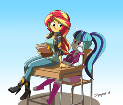 Size: 1280x1096 | Tagged: safe, artist:jeglegator, character:sonata dusk, character:sunset shimmer, equestria girls:friendship games, equestria girls:rainbow rocks, g4, my little pony: equestria girls, my little pony:equestria girls, angry, book, boots, bracelet, clock, clothing, desk, female, jacket, jewelry, lesbian, necklace, shipping, shoes, sunata, sunset shimmer day, unamused