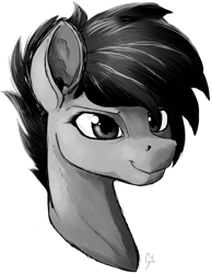 Size: 2264x2922 | Tagged: safe, artist:thatonegib, oc, oc:doodly mcsketchy, species:pony, black hair, bust, eyelashes, female, grayscale, mare, monochrome, portrait, short hair, simple background, sketch, smiling, solo, transparent background