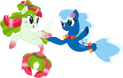 Size: 5000x3168 | Tagged: safe, artist:pilot231, oc, oc:sea foam ep, oc:watermelana, species:seapony (g4), dancing, flower on ear, freckles, friends, gradient hooves, highlights, lei, movie accurate, simple background, swimming, transparent background