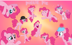 Size: 5000x3121 | Tagged: safe, artist:pilot231, character:pinkie pie, species:crystal pony, species:earth pony, species:pony, bowler hat, cartwheel, clothing, collection, cute, diapinkes, female, gradient background, happy, hat, hopping, joy, mare, shrug, vector