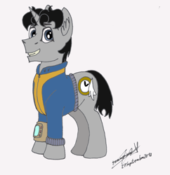 Size: 2998x3098 | Tagged: safe, artist:summerium, oc, oc only, oc:ragtime melody, species:pony, species:unicorn, clothing, jumpsuit, mixed media, vault suit