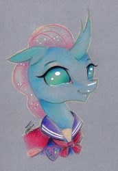 Size: 1000x1450 | Tagged: safe, artist:lailyren, artist:moonlight-ki, character:ocellus, species:changeling, species:reformed changeling, bust, clothing, colored pencil drawing, female, school uniform, simple background, smiling, solo, traditional art