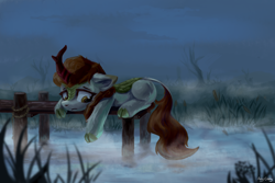 Size: 2572x1717 | Tagged: safe, artist:amy-gamy, character:autumn blaze, species:kirin, episode:sounds of silence, g4, my little pony: friendship is magic, female, fog, pier, sad, scenery, scenery porn, solo, water