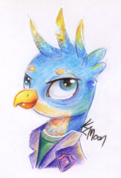 Size: 786x1152 | Tagged: safe, artist:lailyren, artist:moonlight-ki, character:gallus, species:griffon, bust, clothing, male, solo, traditional art