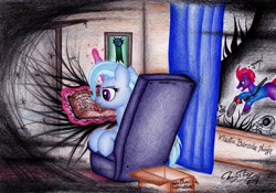 Size: 3184x2231 | Tagged: safe, artist:thechrispony, character:tempest shadow, character:trixie, species:pony, species:unicorn, ash williams, bone, book, box, chainsaw, chair, clothing, crossover, evil dead, female, groovy, gun, h.p. lovecraft, mare, necronomicon, parody, picture frame, skeleton, traditional art, weapon