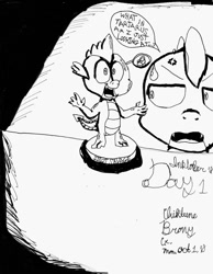 Size: 1024x1320 | Tagged: safe, artist:chiptunebrony, character:spike, fallout equestria, inktober, annoyed, bobblehead, chair, dialogue, faec, fallout, fallout 4, funny, idiot savant, inktober 2018, monochrome, reference, speech bubble, sweat, sweatdrop, text, vein, vein bulge
